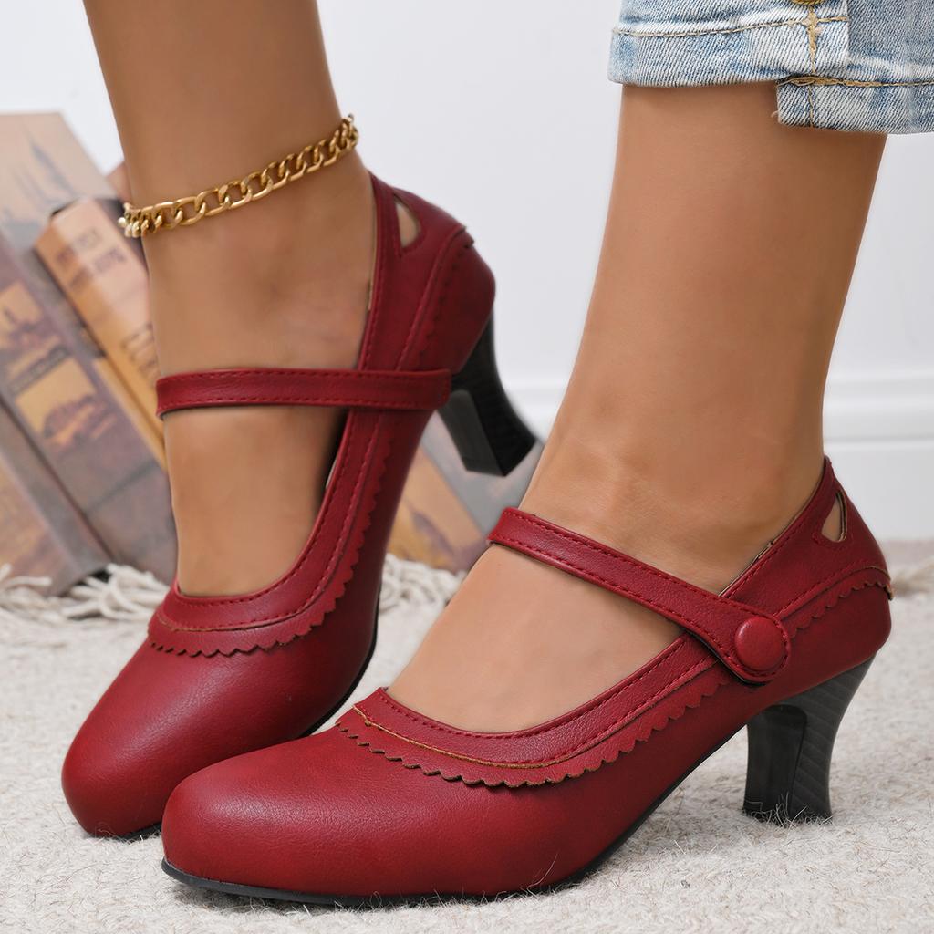 New women's retro Mary Jane high heels large size thick heel lace round head high heels single shoes