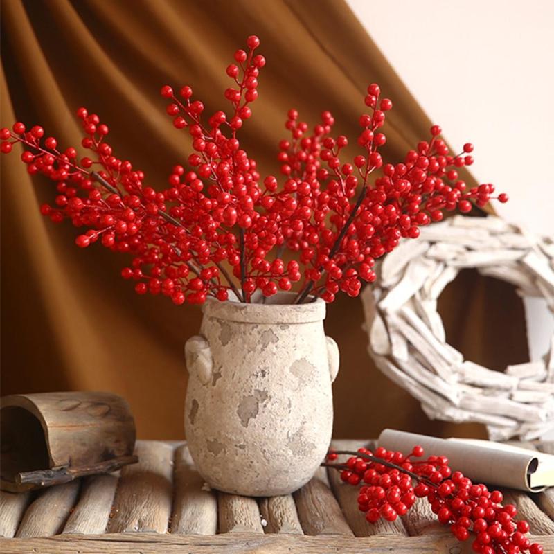Artificial Red Berry with Stem 6 Branches Holly Berries Simulation Fake Flower