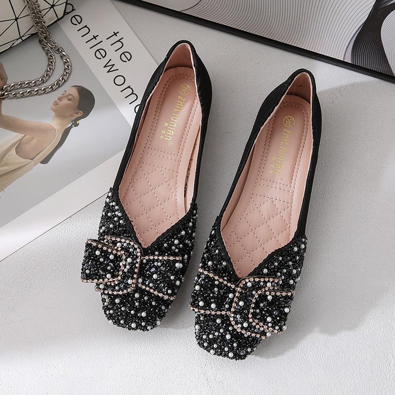 Spring new pearl rhinestone square head single shoes soft sole casual large size to