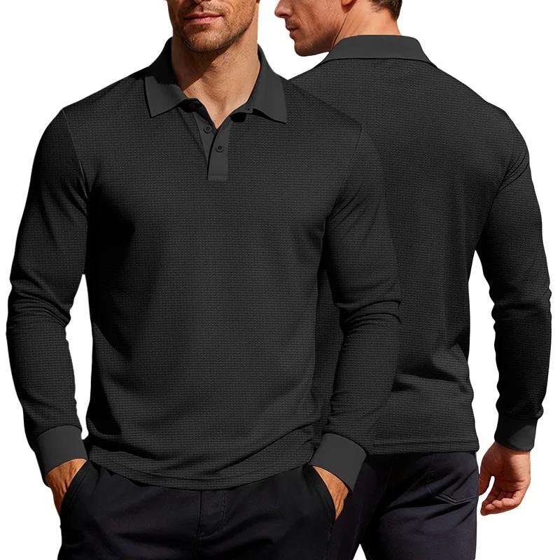Spring Autumn Long Sleeve Lapel Polo Shirt Men Casual Button Collar Holiday Wear Men's Waffle T-Shirt Fashionable Polos