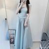 Blue square neck suspender dress women's summer new splicing skirt high-end waist and thin dress