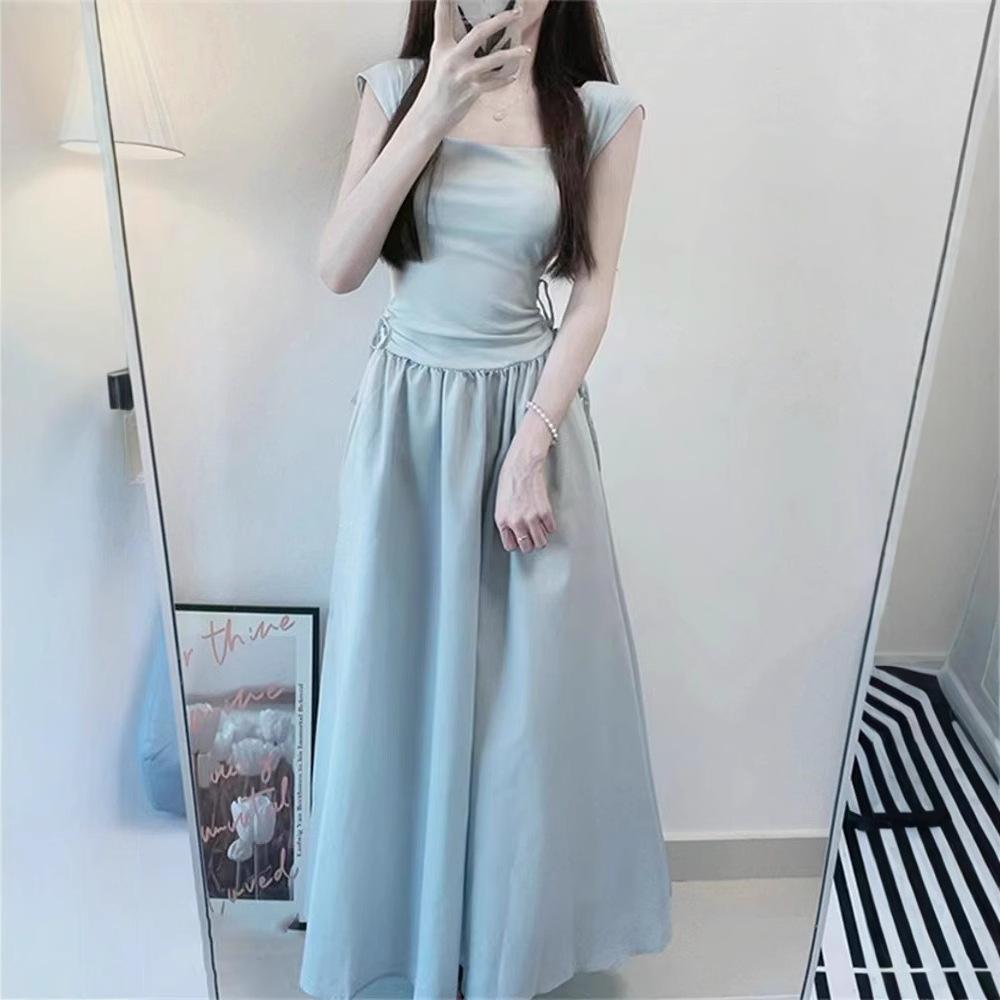 Blue square neck suspender dress women's summer new splicing skirt high-end waist and thin dress