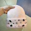 Luxury Rhinestone Rabbit Fur Knit Hat for Women, Autumn and Winter White Knitted Hat, Large Head Circumference, Face Slimming, Trendy Beanie