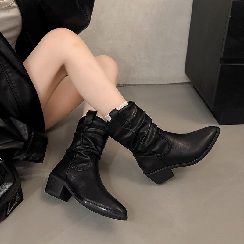 Coarse Heel Medium Tube Pleated Piled Boots Women's 2025 New Autumn Maillard Western Cowboy Boots One-pedal Knight Boots