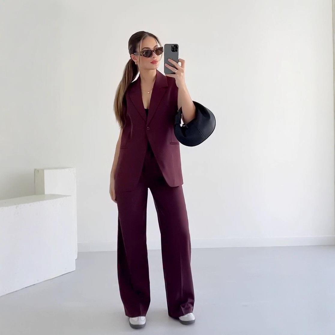 2025 Summer New Cross-border European and American Casual Sleeveless Suit Button-Button Cardigan Long-Sleeve Jacket Loose Wide-Leg Pants Set XS бордовый