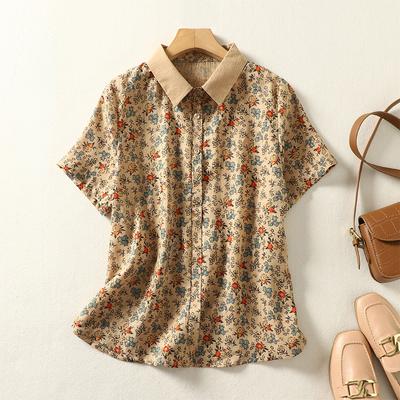 Summer Women Top Artistic Loose Floral Print Blouse Short Sleeve Casual Short Sleeve Patchwork Lapel Collar Shirt