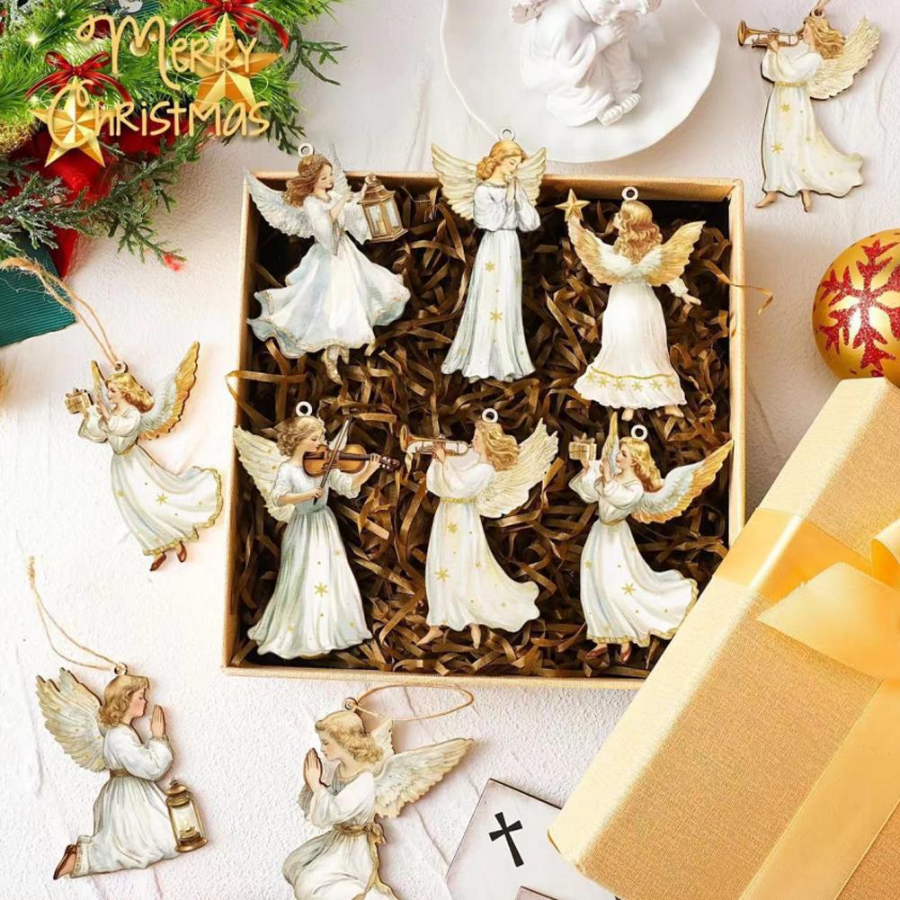 12Pcs Wooden Christmas Ornaments Set Christmas Tree Decoration Angel Ornaments Hanging Decor Pendants Xmas Party Decoration Gift