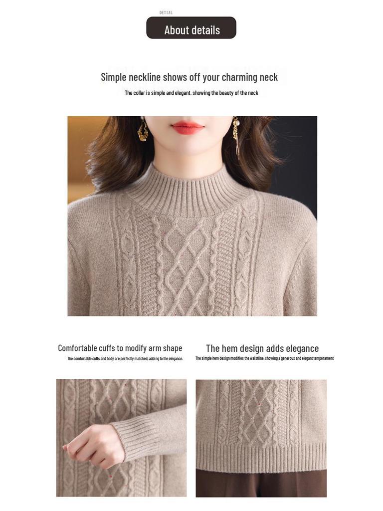 Autumn/Winter 100% Wool Knit Base Layer Sweater for Mid-Aged & Elderly Women - Thick, Warm, Inner Wear