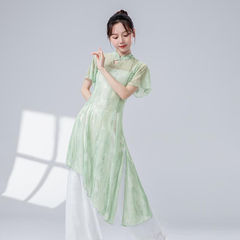 Classical Dance Women Split Hem Long Gauze Mesh Shirt Cheongsam Neck Hanfu Performance Sheer Flowy Blouse Training Dancewear