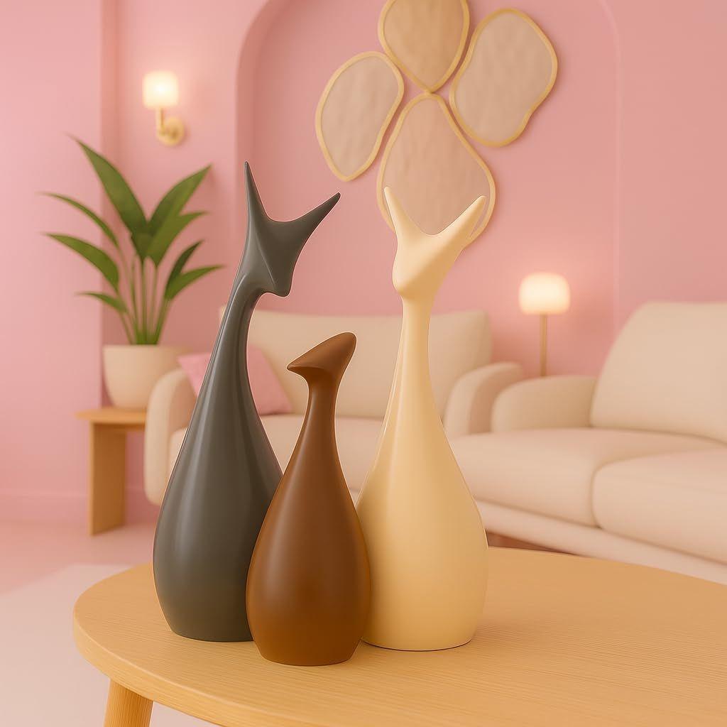 Hjemmedekor Lykkebringende Hjortefamilie Matt Finish Keramikkfigurer - (Sett med 3, Matt brun)