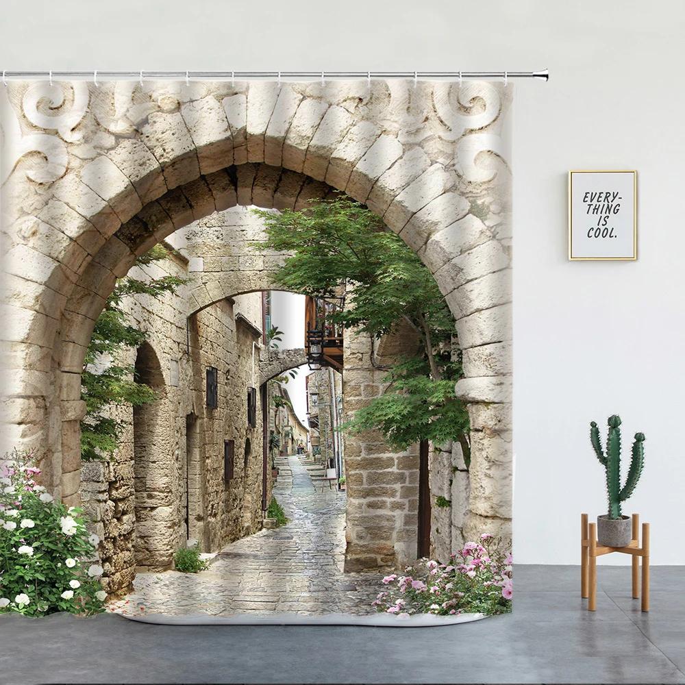 Landschaft Straße Blume Duschvorhang Retro Italienische Altstadt Architektur Floral Wasserdichtes Tuch Badezimmer Vorhänge Dekor Haken