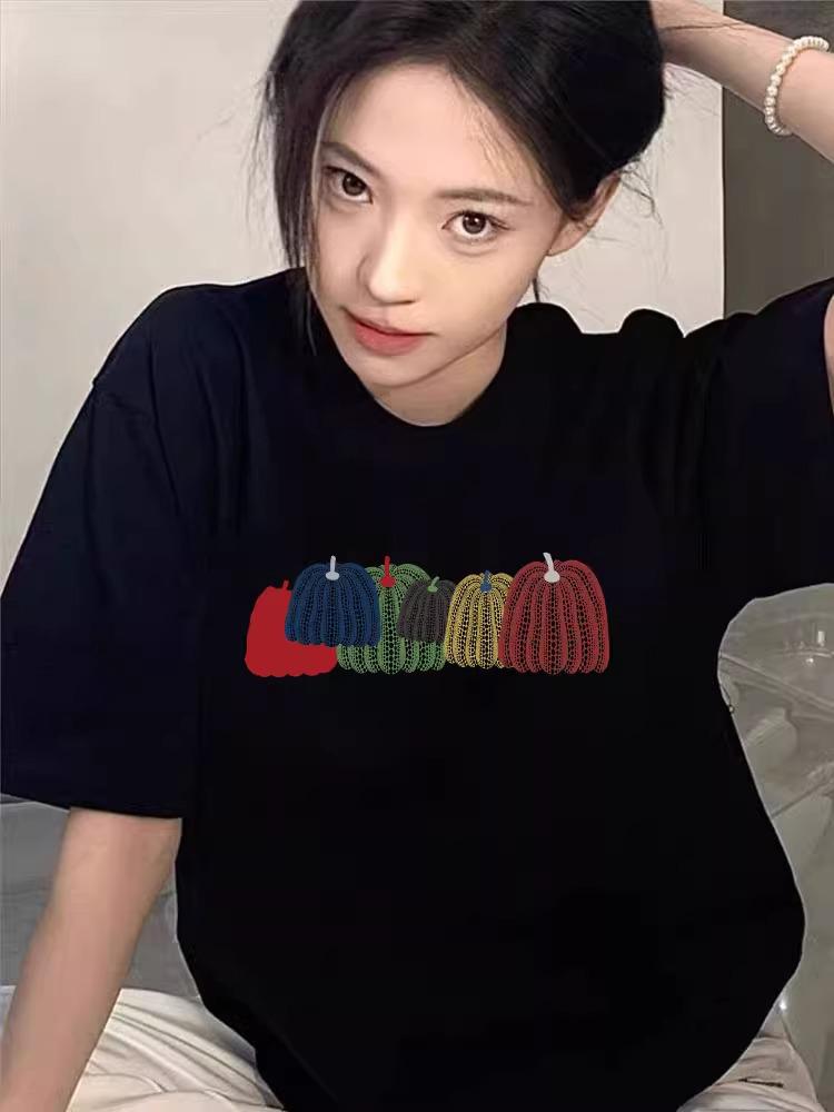 Women's Pure Cotton Black Short Sleeve T-Shirt - 2025 New Summer Style, Straight Shoulder, Loose Fit.