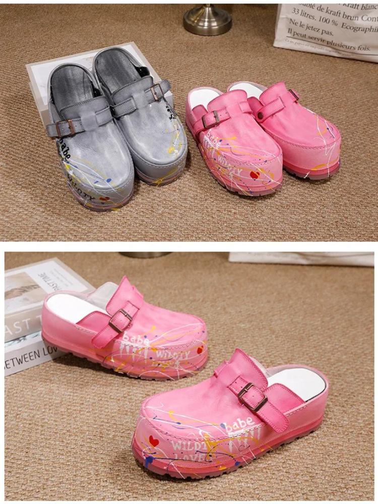 Johnature Hand Drawn Genuine Leather Thick Soled Shoes Fashion Round Toe Height Increasing Slippers