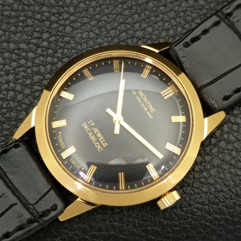 שעון יד לגברים שוויצרי וינטג' מחודש MONTINE מנגנון מתיחה ידנית לוח שחור a441066-1