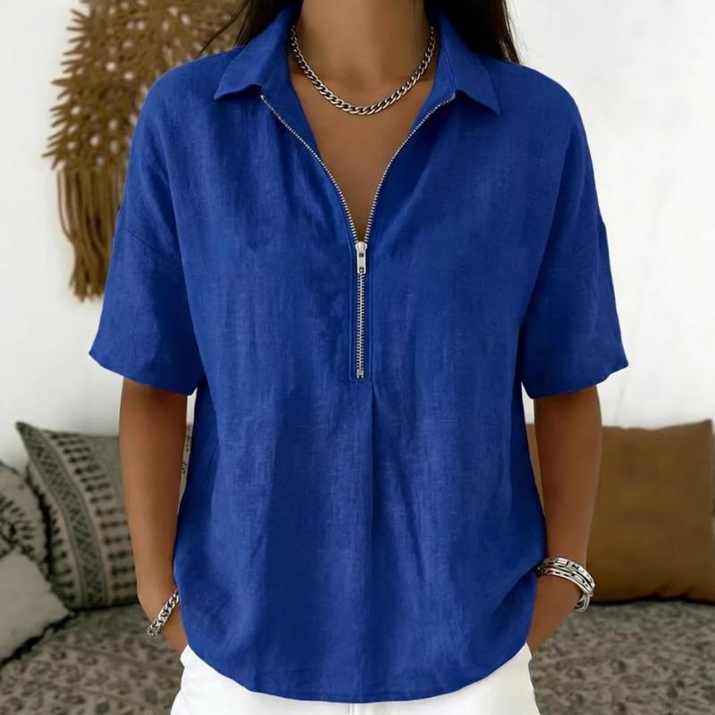 Women's Linen-Look Short Sleeve Blouse Casual Half-Zip Collared Top