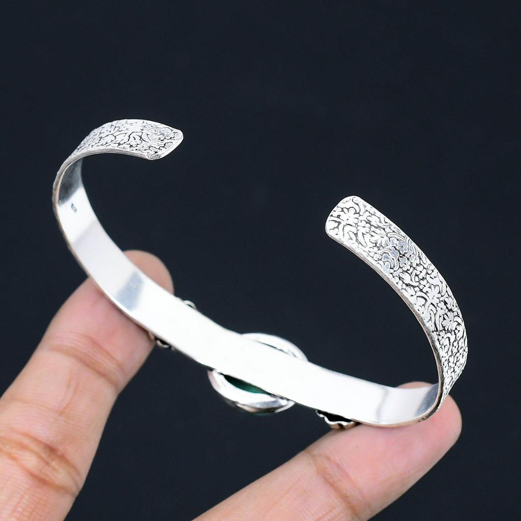 Natural Malachite Gemstone Bangle Adjustable 925 Sterling Silver For Girls