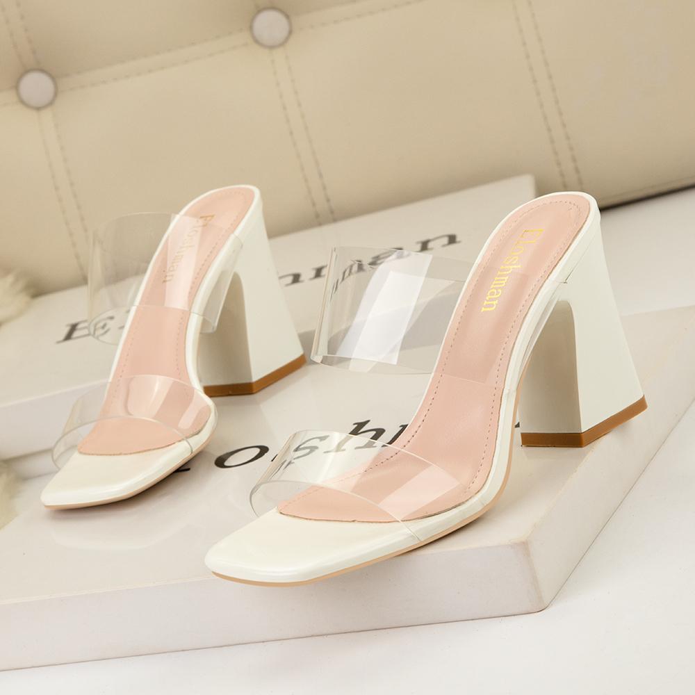 Fashion 2025 Summer Women Block Fetish 8.5cm High Heels Nude Mules Transparent Thick Sandals Female Pumps Clear Low Heels Black Shoes
