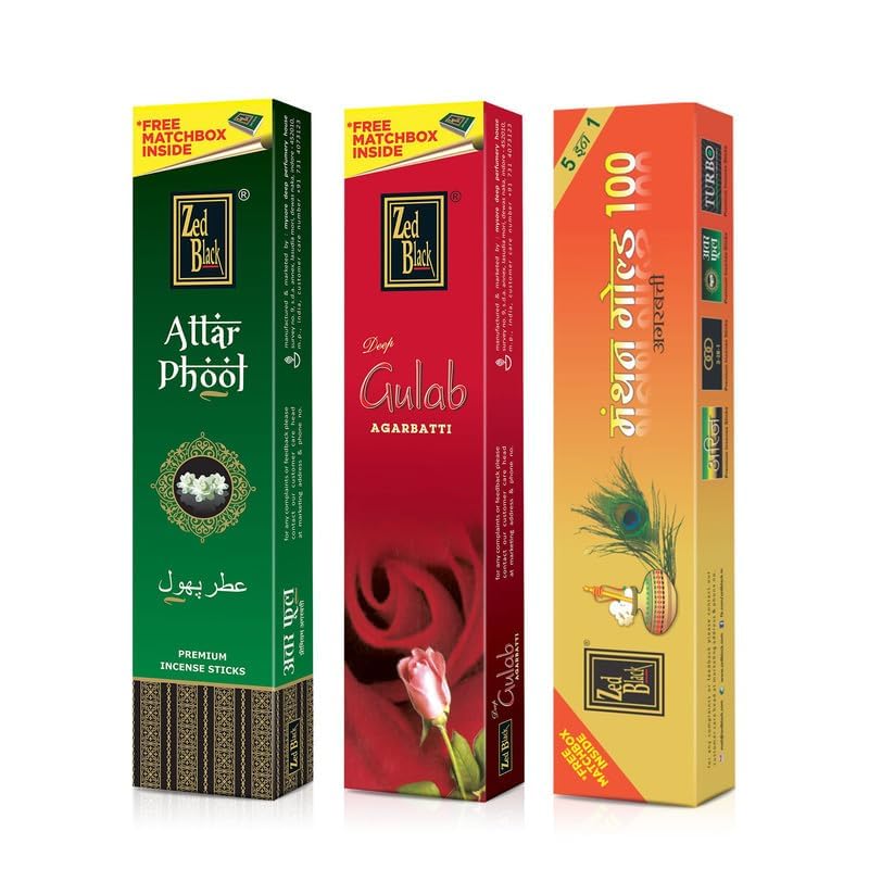 Zed Black Premium Incense Sticks Combo With Manthan Gold, Attar Phool & Deep Gulab Fragrance Pack