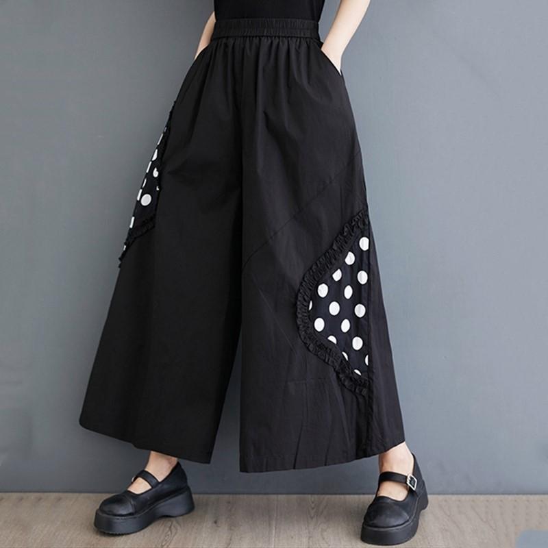 Calças femininas de algodão preto plus size vintage cintura alta casual solta verão perna larga