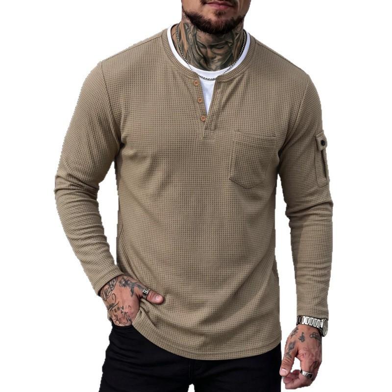 Mens Long Sleeve T Shirt Fake Two Piece Waffle Knit Round Neck Casual Top Daily Wear