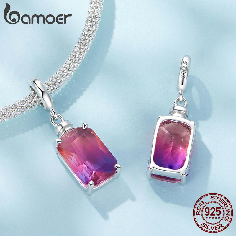 BAMOER 925 Silver Red Heart Charm Ombre Purple Perfume Bottle Pendant for Women DIY Necklace Romantic Gift