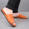 Herren Schwarz Leder Hausschuhe Handgemacht Einfache Flache Schuhe Sommer Orange Römische Sandalen Offene Zehen Strand Schuhe Übergröße