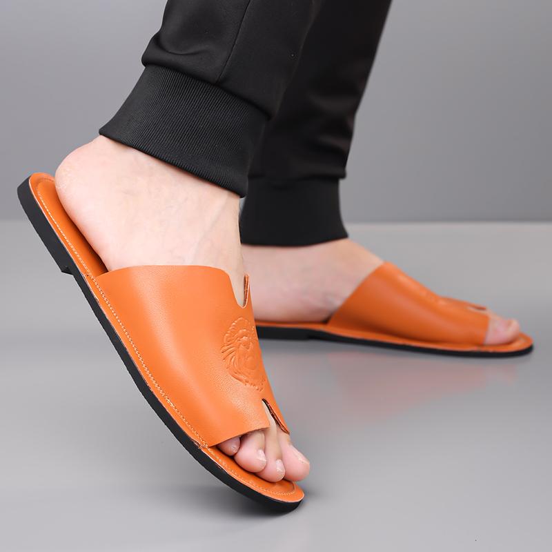Herren Schwarz Leder Hausschuhe Handgemacht Einfache Flache Schuhe Sommer Orange Römische Sandalen Offene Zehen Strand Schuhe Übergröße