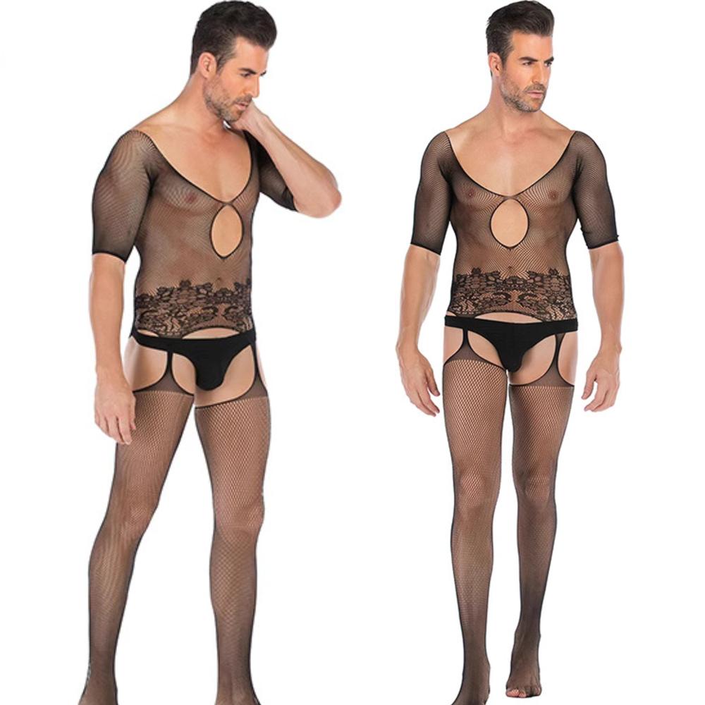 Men'S Sexy Underwear One-Piece Fishnet Full Body Stockings Gay Erotic Mesh Perspective Tight Lingerie Sissy Clothes Nightdress