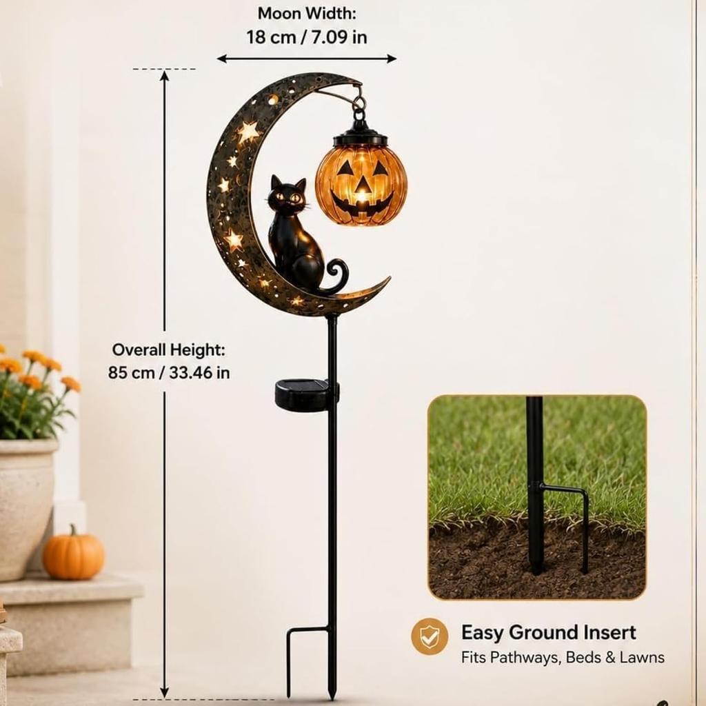 Solar Halloween Black Cat On Crescent Moon Garden Stake Light with Hanging Pumpkin Lantern Waterproof Solar Powered Outdoor Halloween Yard Decor Path
