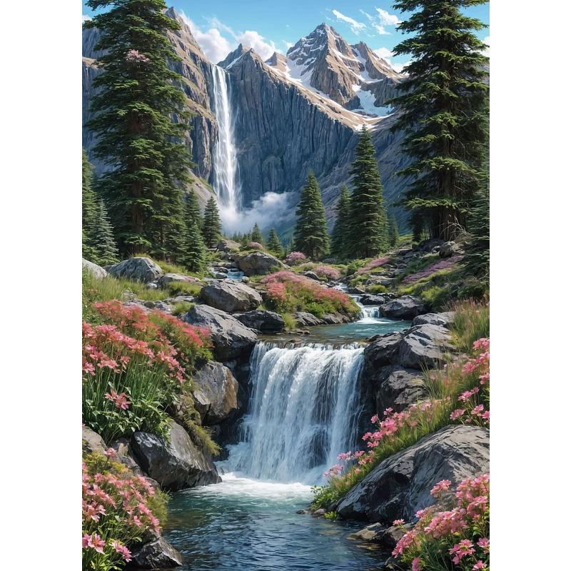Peisaj Natural Pădure Floare Colibă Pârâu Cascadă Copaci Vedere Munte Poster Pictură pe Pânză Artă de Perete Imagini Decor Acasă
