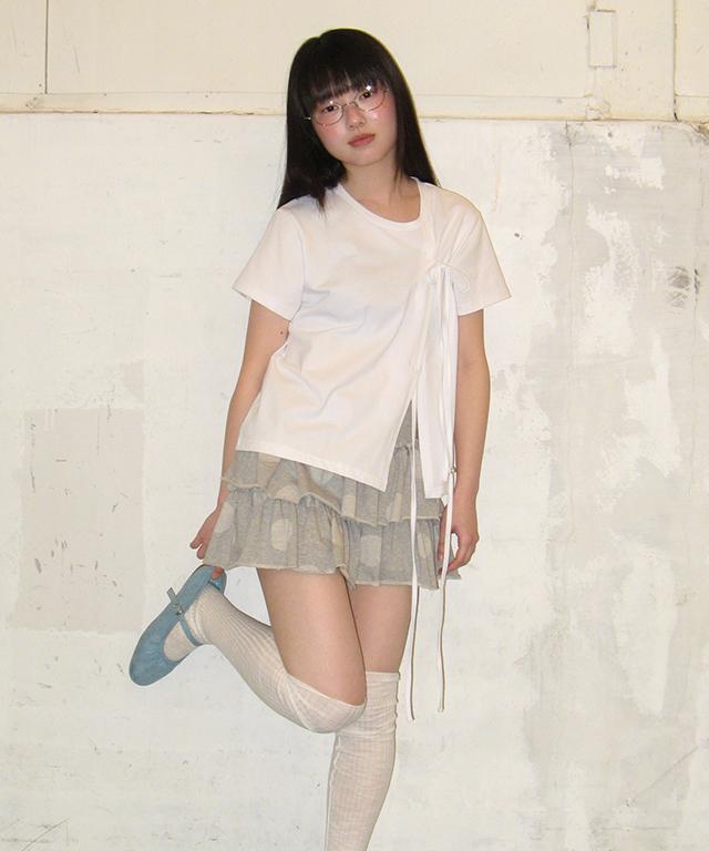 RONRON Side Ribbon Tie Wrap Short Sleeve T Shirt White