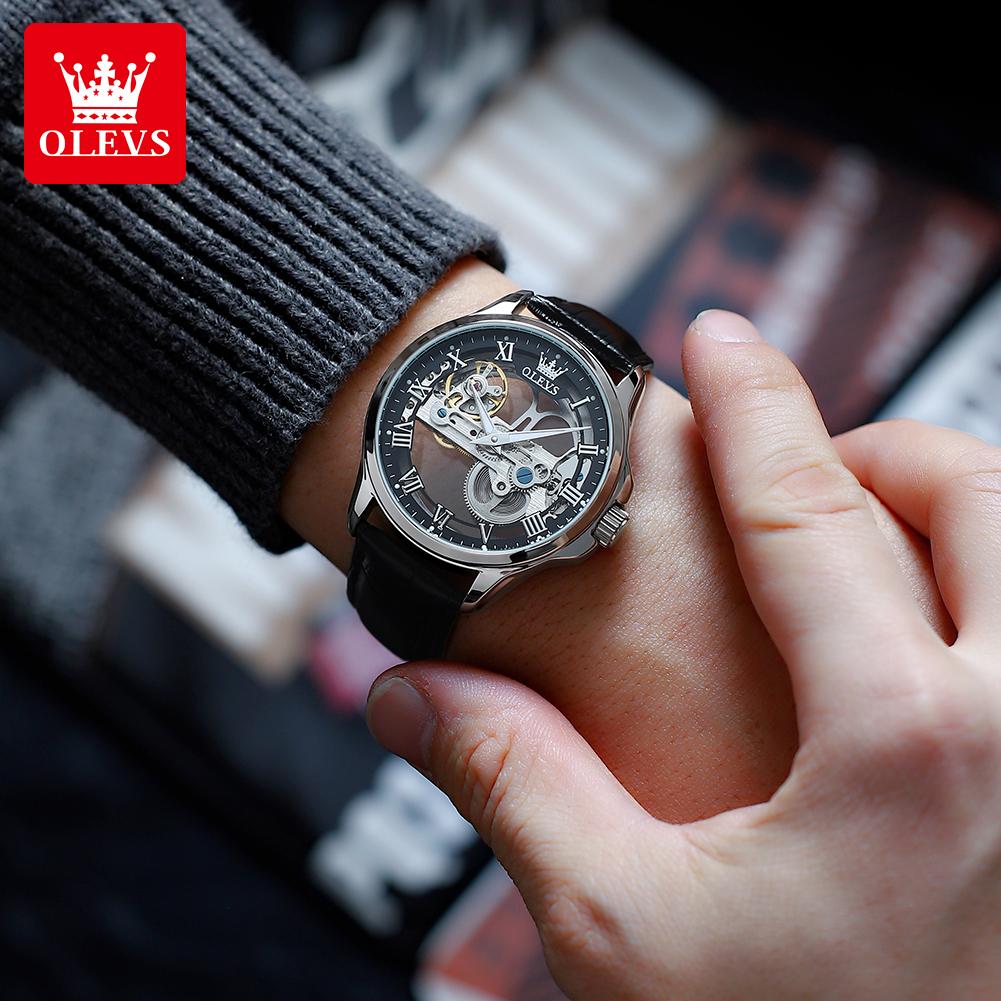 OLEVS 6661 Man Watch Luxury Fashion Leather Strap Fully Transparent Hollow Mechanical Wrist Watch for Men Original Men's Watches