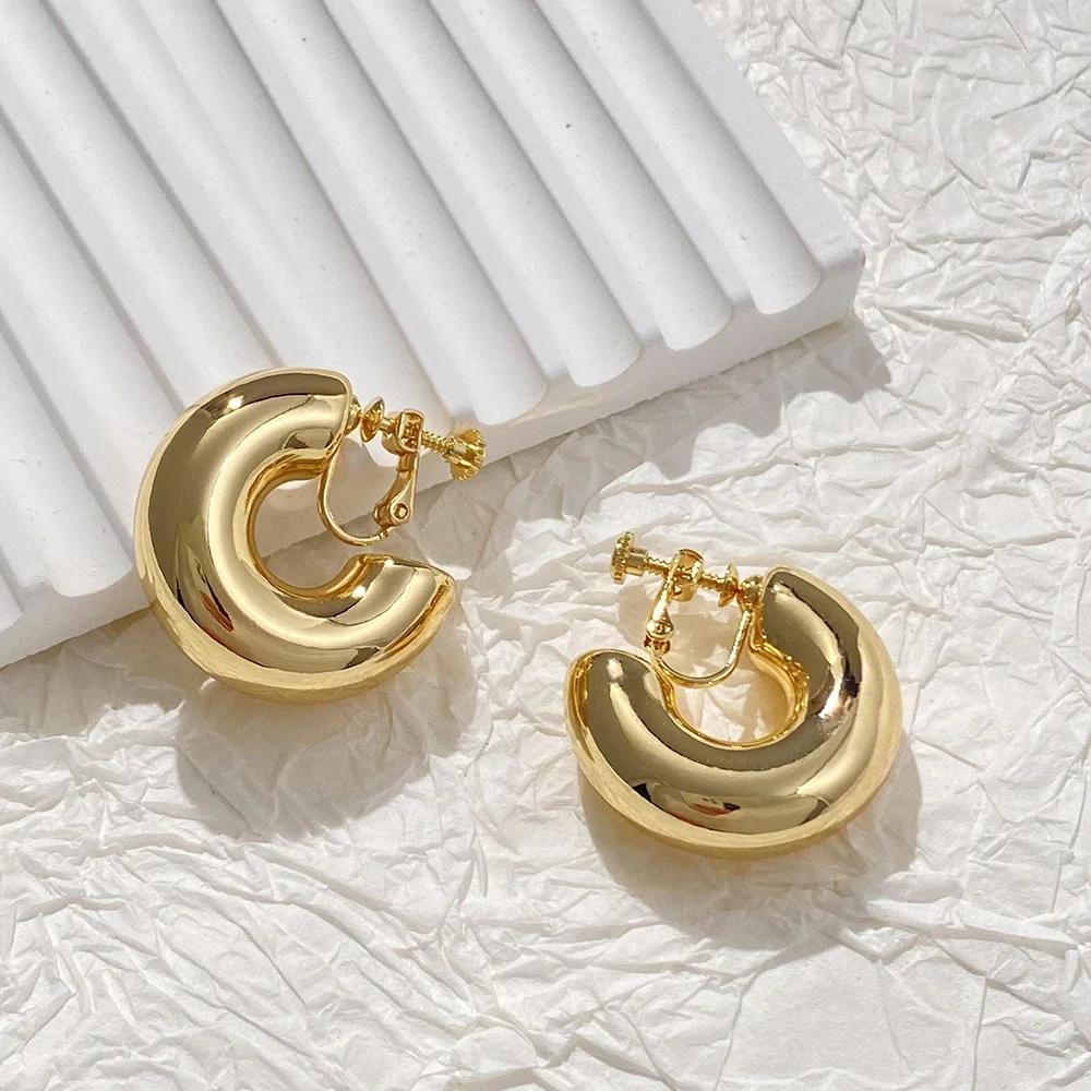 Vintage Oversize Chunky Round Circle Clip Earring for Women C Shape Tube Thick Without Pierced Hoop Earclips Jewelry Trendy