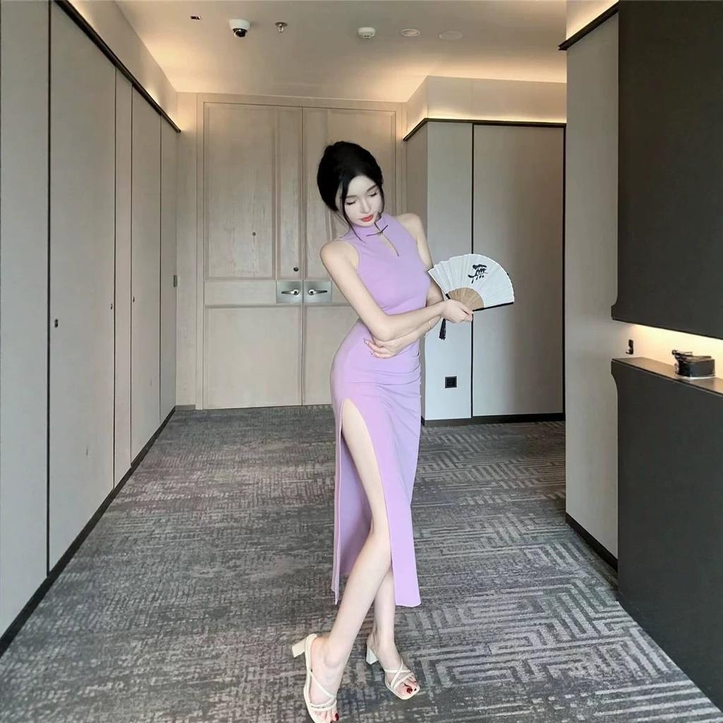Retro Temperament Celebrity Stand-up Collar Hollow Sleeveless National Style Cheongsam Dress Sexy Hip-wrapped Split Dress Hip-wrapped Skirt