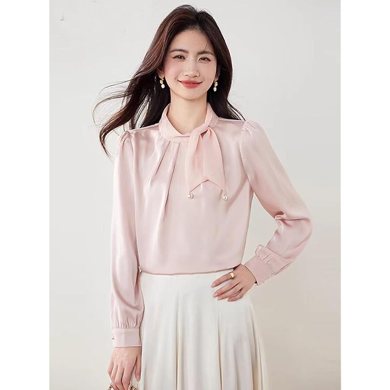 [TRENDOUX] blouse ladies long sleeve v neck race bow tie frills shirt tops shirt Plain color simple chiffon office formal blouse Fashionable