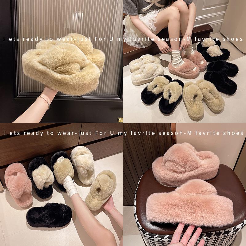 Women Fluffy Slippers Cross Plush Cozy House Shoes Furry Open Toe Indoor Outdoor Slip Warm Anti Skid Sole