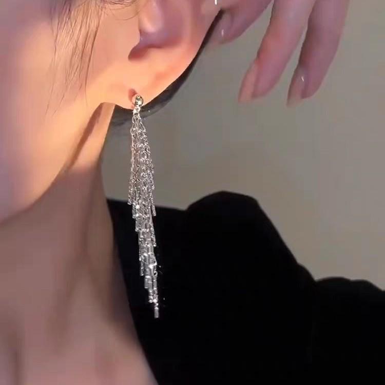 Elegant Gold & Silver Long Tassel Earrings with Silver Needle Backs - Light Luxury Design for Women