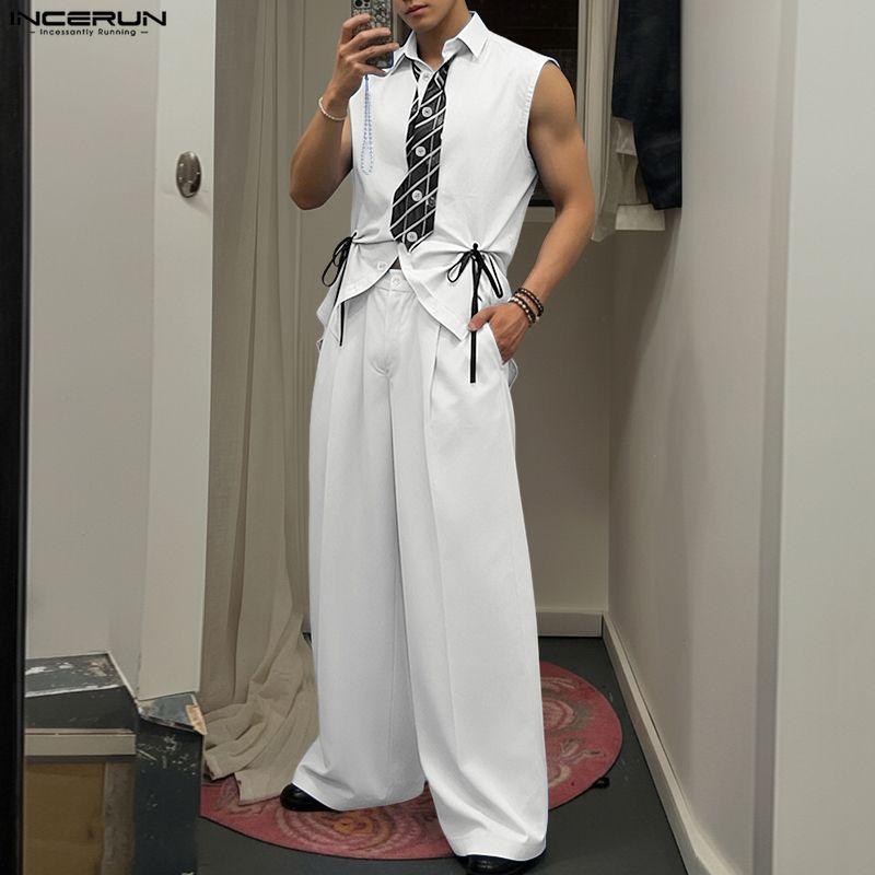 INCERUN Men Outfits Sleeveless Print Drawstring Hem Tops and Long Pants Casual Two Pieces Sets