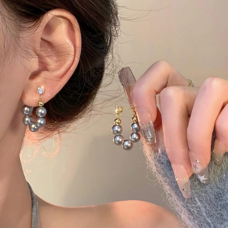 Delicate Gray Pearl Zircon Hoop Earrings for Women Vintage Elegant Crystal Beaded Earrings Bride Wedding Jewelry Gifts