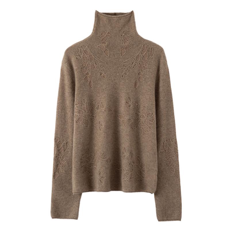 Lekasha 100% Pure Cashmere Rolled Edge High Neck Embossed Knit Top