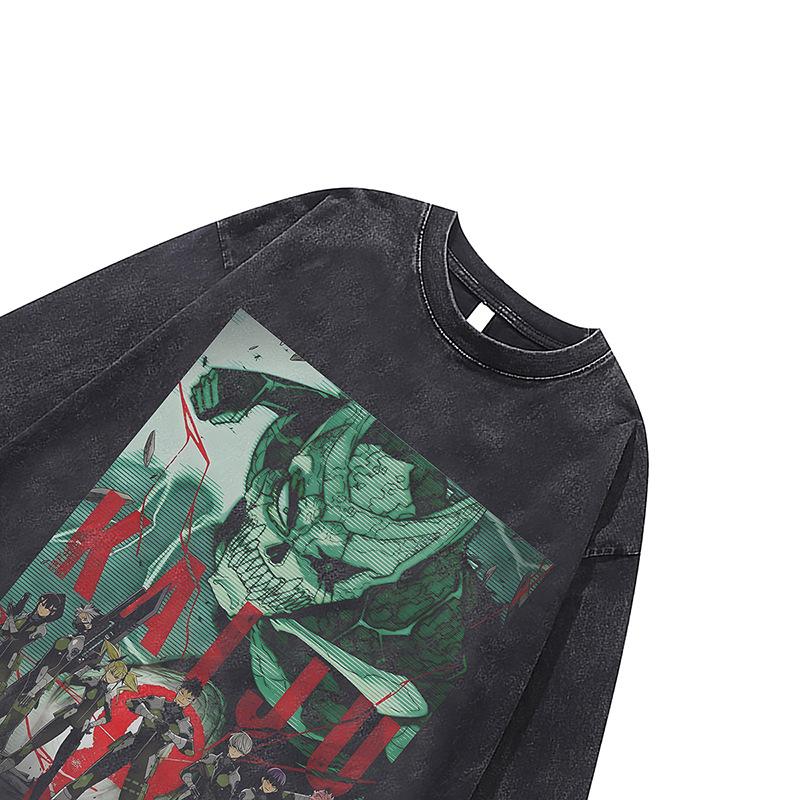 Heavy Weight Cotton Bottoming Shirt Dark Cartoon Digital Direct Injection Printing Retro Washed Long-Sleeved T-Shirt Men