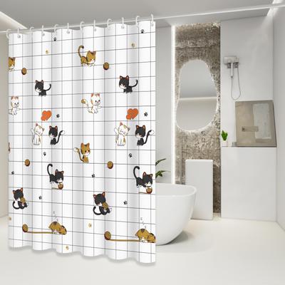 Naughty Cat Pattern Shower Curtain, Cute Pet Design, Adds a Fun Atmosphere, Bathroom Shower Partition Curtain