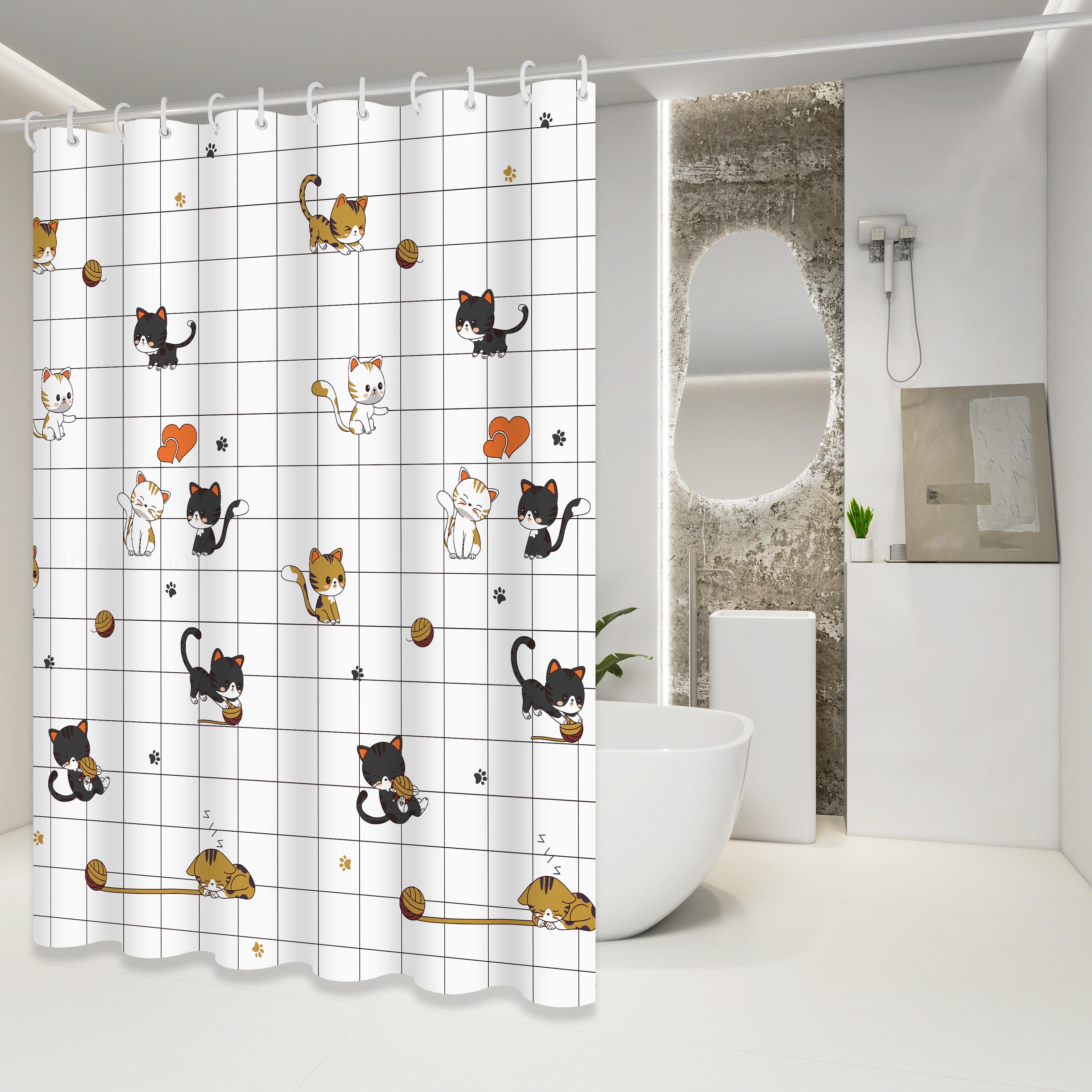 Naughty Cat Pattern Shower Curtain, Cute Pet Design, Adds a Fun Atmosphere, Bathroom Shower Partition Curtain 120*180cm