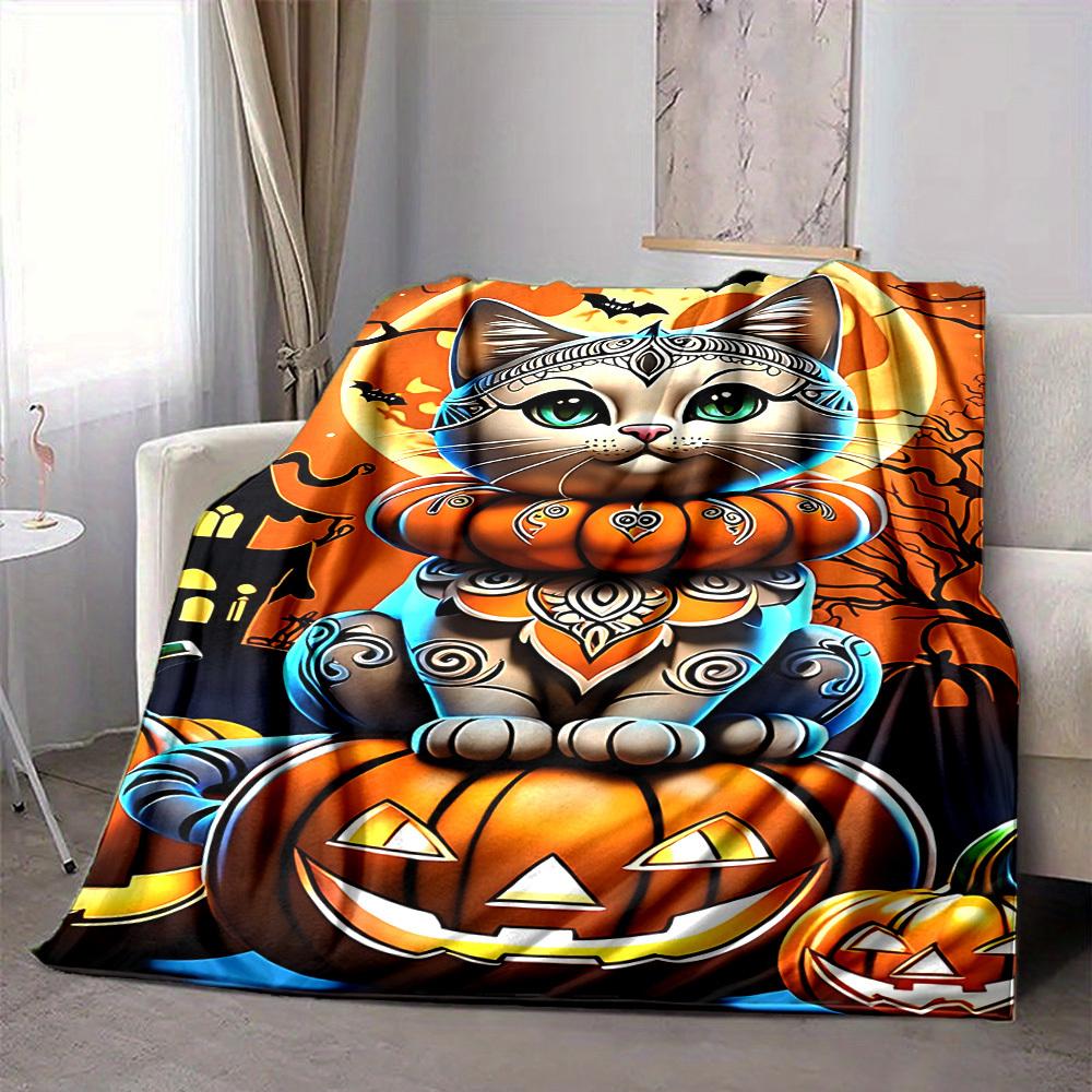 1pc Pumpkin Cat Blanket, Lightweight Flannel Throw Blanket for Sofa, Bed, Travel, Camping, Living Room, Office, Couch027