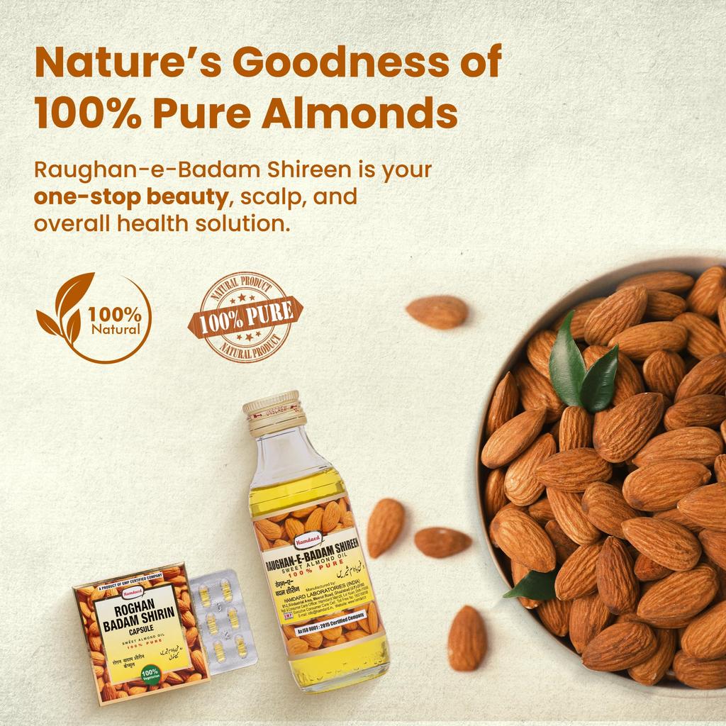 Hamdard RAUGHAN-E-BADAM SHIREEN Sweet Almond Oil for Body, Skin & Hair | 100ml | Natural Almond Oil | Helps Enhance Memory | Helps Relieve Constipatio