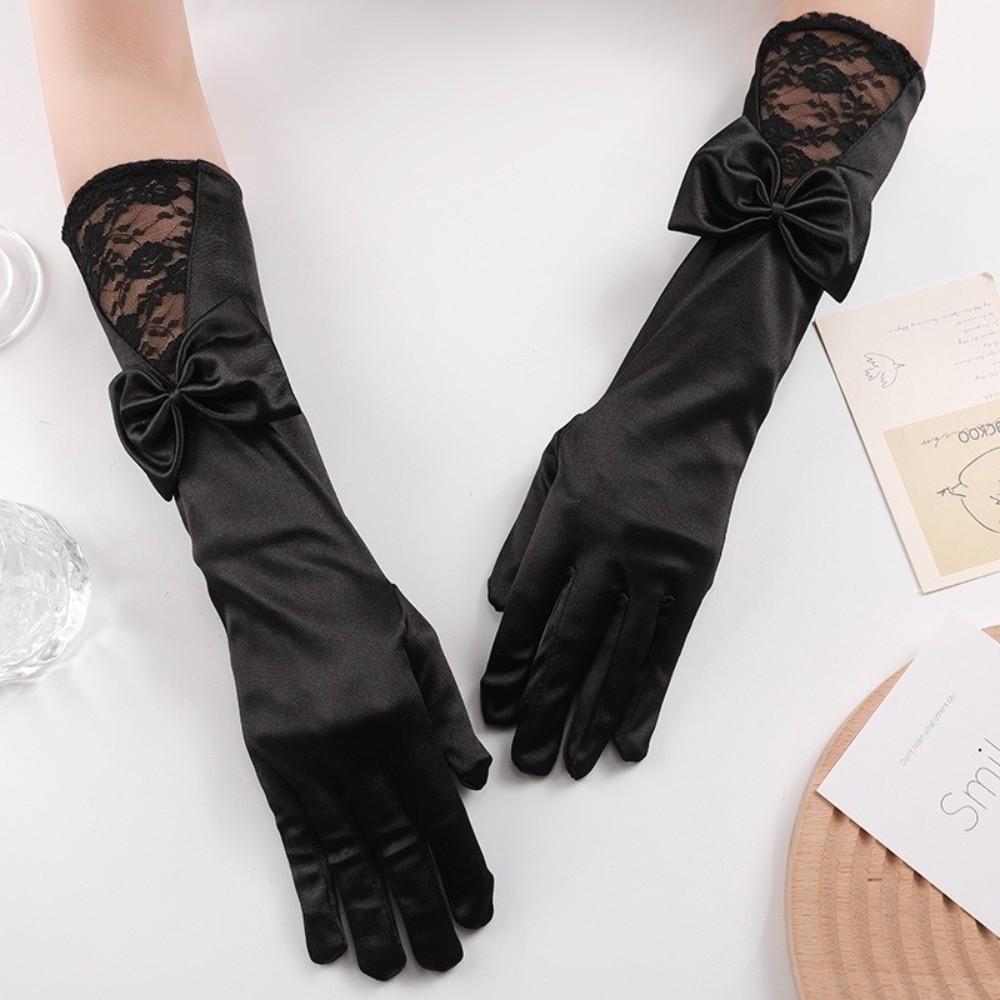 Bowknot Satin Bride Gloves Long Sleeves Etiquette Gloves Wedding Dress Accessories