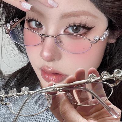 Japanese Small Oval Rhinestone Eyeglasses Frame for Women Retro Metal Blue Light Blocking Glasses Trendy Reading Y2K Eyewear