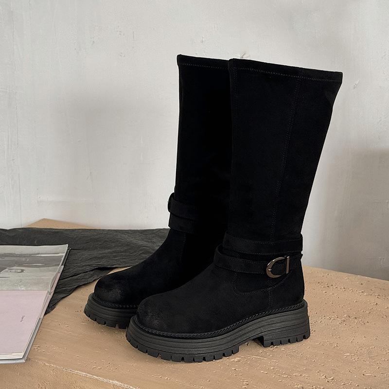 

Темпераментные французские замшевые рыцарские ботинки, полированные ботинки с круглым носком, осень-зима 2025, замшевые универсальные ботинки Мартин на толстом каблуке 40 чёрный