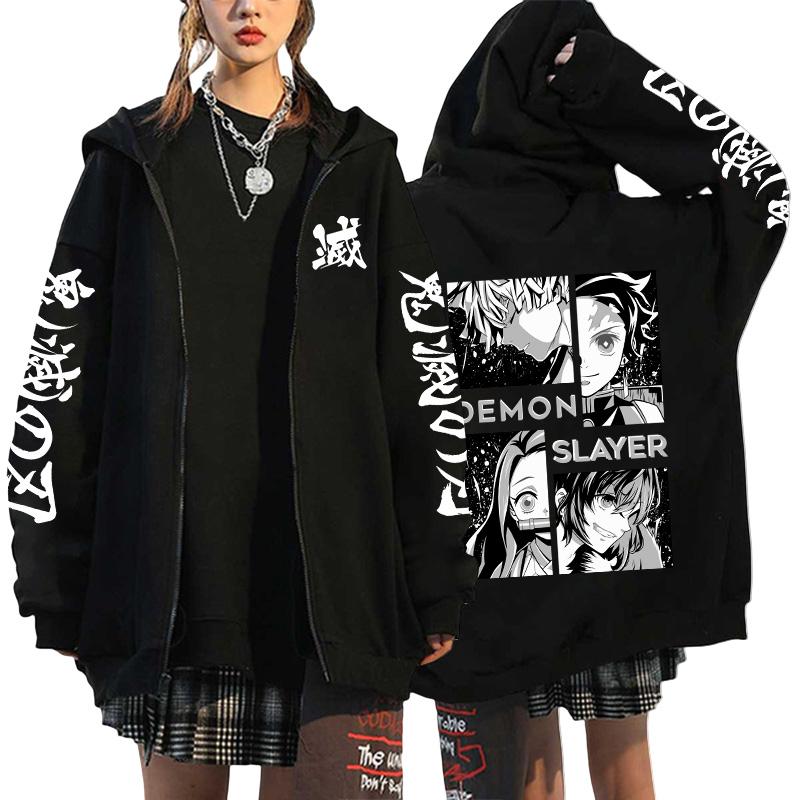 Women's Japanese Retro High Quality Hoodie Harajuku Anime Demon Slayer Printed Zipper Sweatshirt Outerwear Spring Loose Jacket