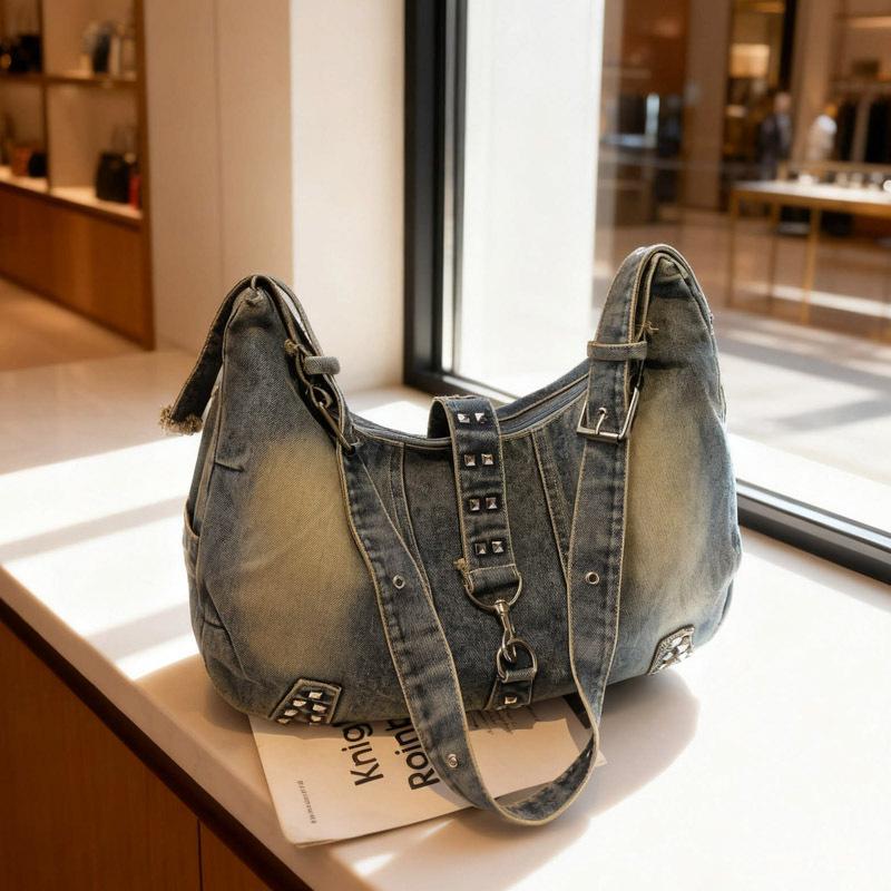 Tragetasche mit großem Fassungsvermögen, Tasche aus gewaschenem Denim, Einzelschultertasche, Pendler-Umhängetasche